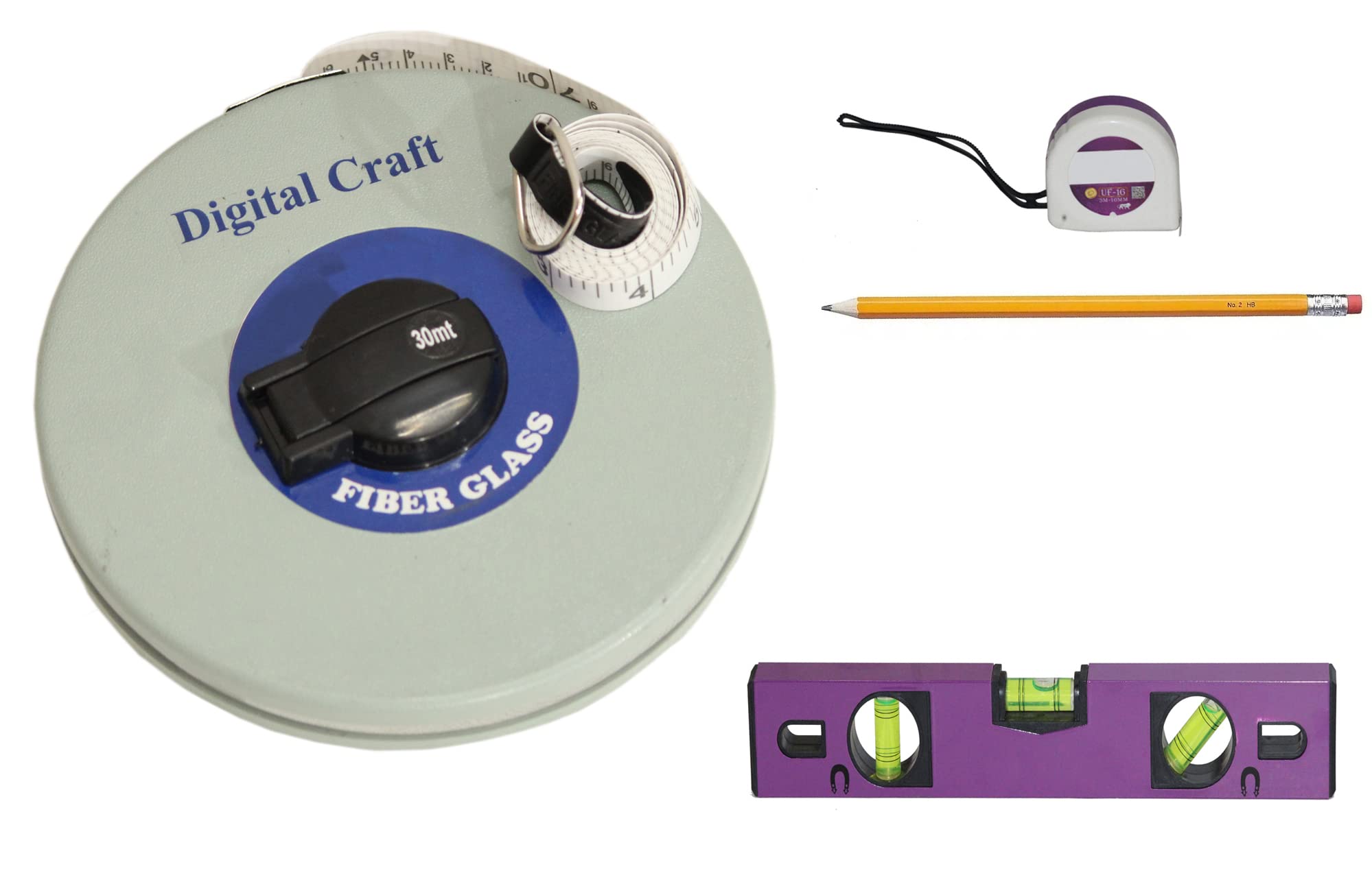 Digital Craft 30M Glass Fiber Leather Tape Measure Set with Spirit Level, Pencil, & 3M Measuring Tape – Precision Metric Measuring Tools for Woodworking & Field Use
