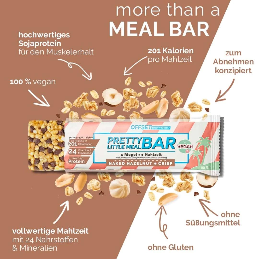 OFFSET Nutrition Abnehmriegel 6x55G - Naked Hazelnut & Crisp - [1 RIEGEL = 1 MAHLZEIT] - Bis zu 16G Eiweiß pro Proteinriegel | Fitness Riegel mit 24 Nährstoffen & Mineralien | Glutenfrei