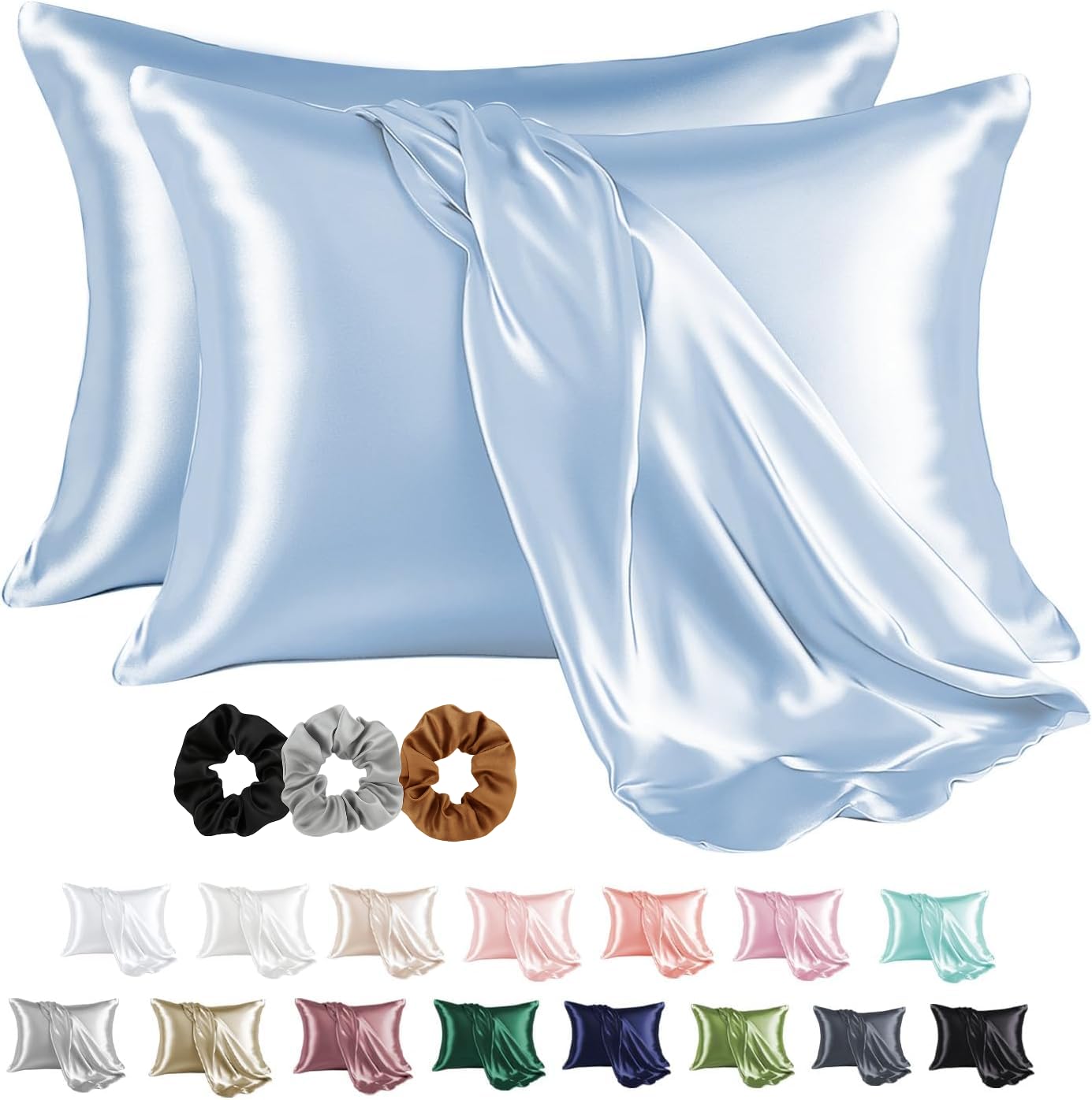Craftelio® 2 Pcs Satin Pillow Covers for Hair & Skin with 3 Free Scrunchies – Soft, Cooling, Silk-Like Pillowcases Standard Size for Women & Men, Anti-Frizz, Breathable & Gift-Ready (Light Blue)-image-20