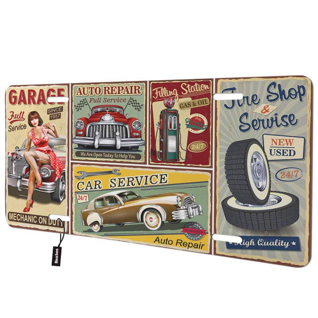 Beabes Retro Posters Front License Plate Cover,Woman Retro Car Car Service Grace Auto Repair Shop Service Decorative License Plates for Car,Novelty Auto Car Tag Vanity Plates for Men Women 6x12 Inch