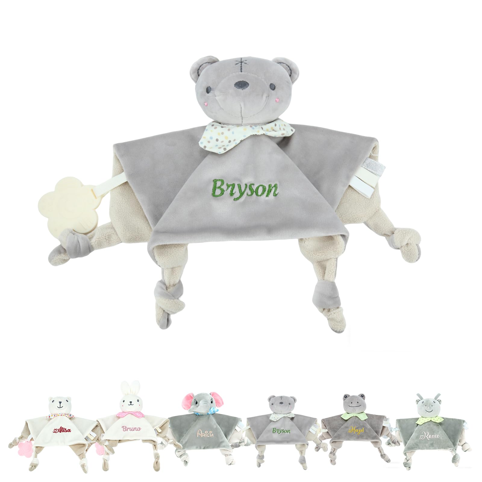 Copertina Personalizzata con Nome Doudou con Neonato Anello da Dentizione in Silicone e Campanellino Peluche Morbidissimo Copertina 27×27 cm Regalo per Neonati Ragazza Ragazzo (Style 5)