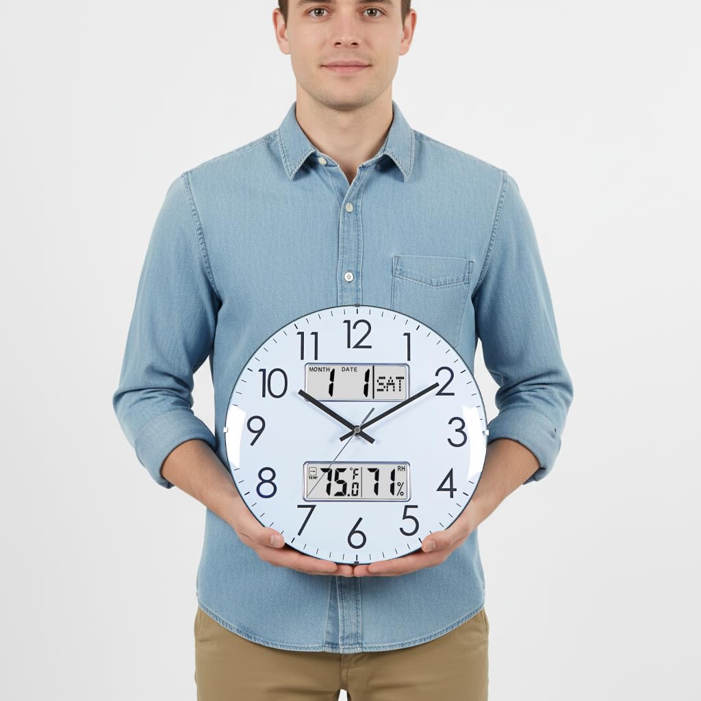 Nbdeal Orologio da parete analogico silenzioso da 33 cm con calendario temperatura e umidità (bianco)