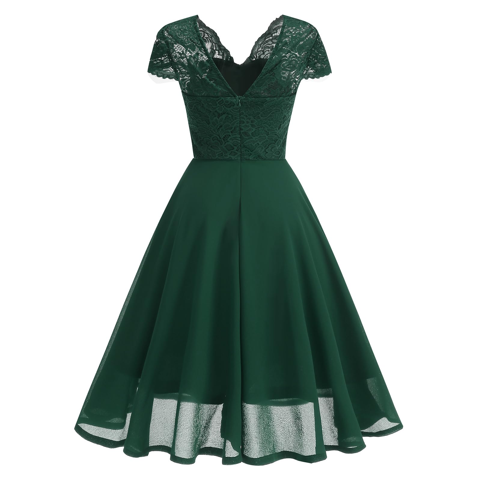 OMEWEE 1950er Vintage Retro Cocktailkleid Damen Elegant Knielang Rockabilly Kleider V-Ausschnitt Chiffon Kurzarm Spitzenkleid A-Line Swing Hochzeit festliches Kleid Kleid Abendkleid