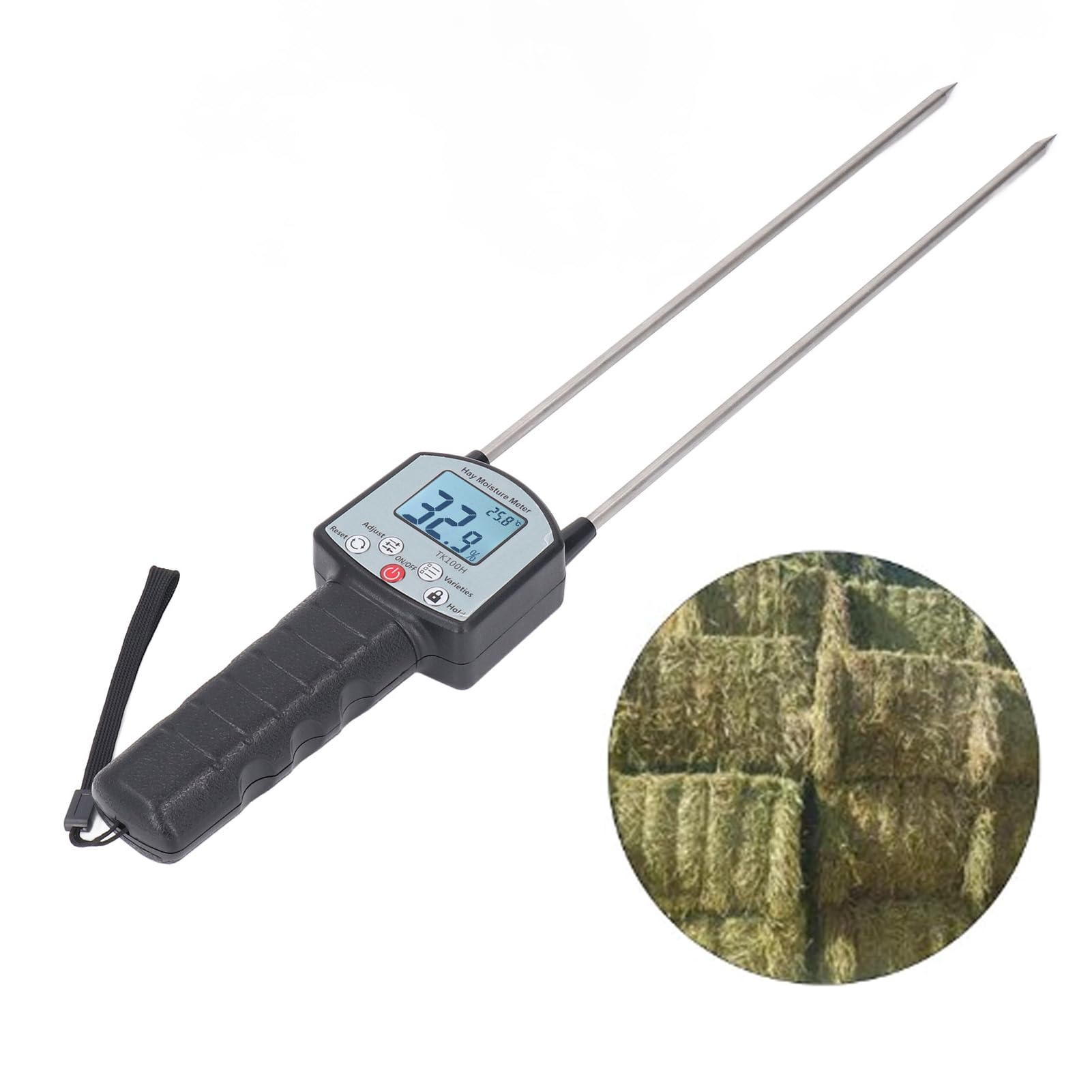 Upgrade TK100H Heu-Feuchtigkeitstester, Tragbares Heufeuchtemessgerät mit Tasche, Präziser Heufeuchtetester mit Sonde für Getreidestroh, Futter, Leymus Chinensis, Bereich 0-80%