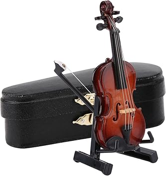 Wooden Miniature Violin Model with Stand, Bow and Case, Portable Tiny Violin Figurine, Mini Musical Instrument Model 3.15x1.18x0.31inch for Miniature Dollhouse Home Decoration