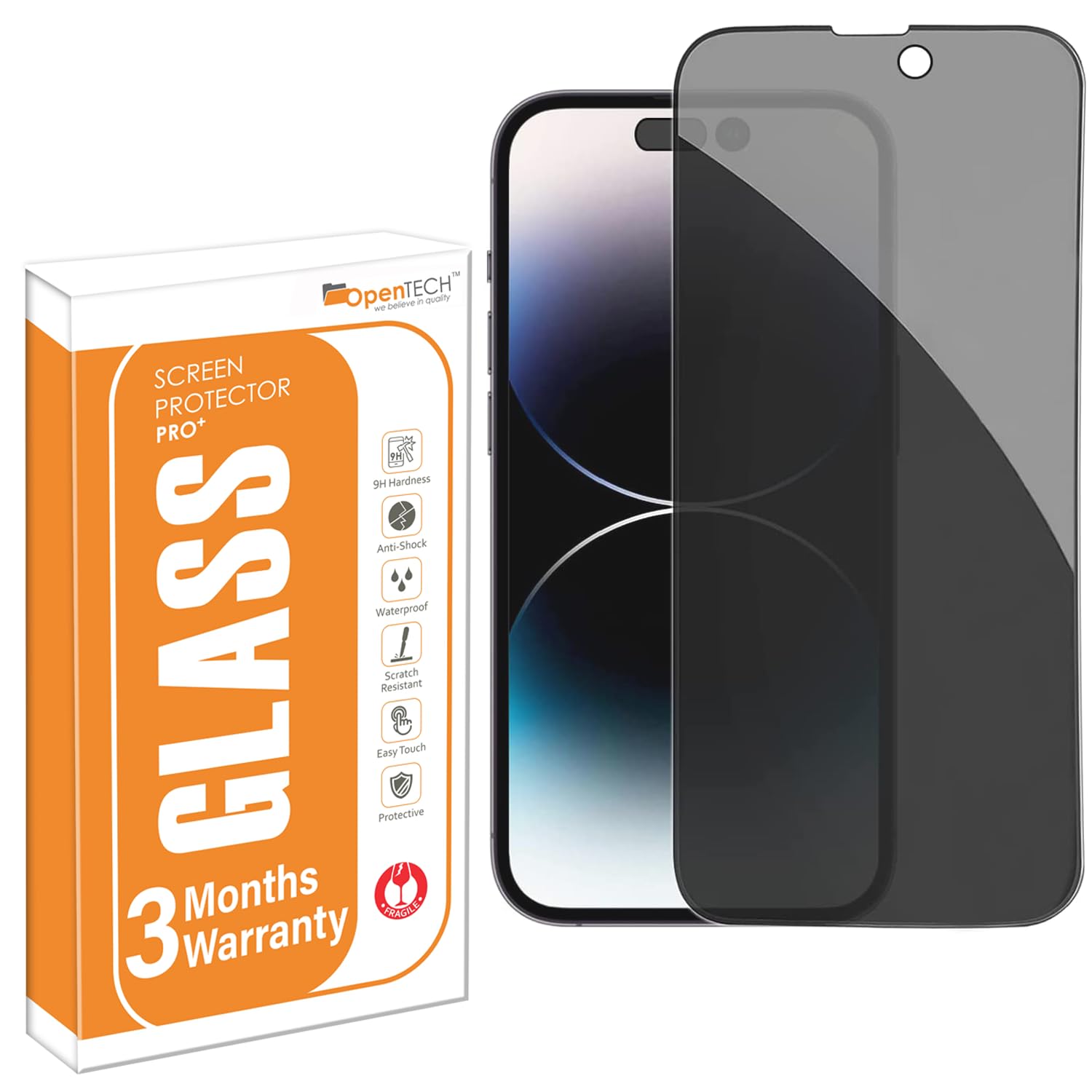 OpenTech Privacy Tempered Glass Screen Protector Compatible For Iphone 14 Pro (6.1 Inches) With Edge To Edge Coverage And Easy Installation Kit for Smartphone