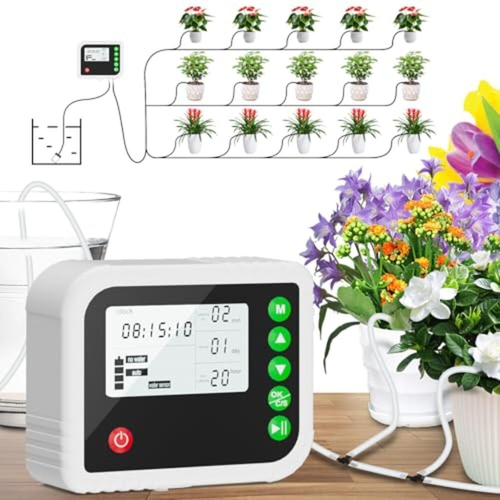 Arrosage automatique des plantes avec minuterie pour 15 pots, kit d'irrigation goutte à goutte avec durée réglable et double mode, ABS résistant aux intempéries IP65 pour intérieur et extérieur
