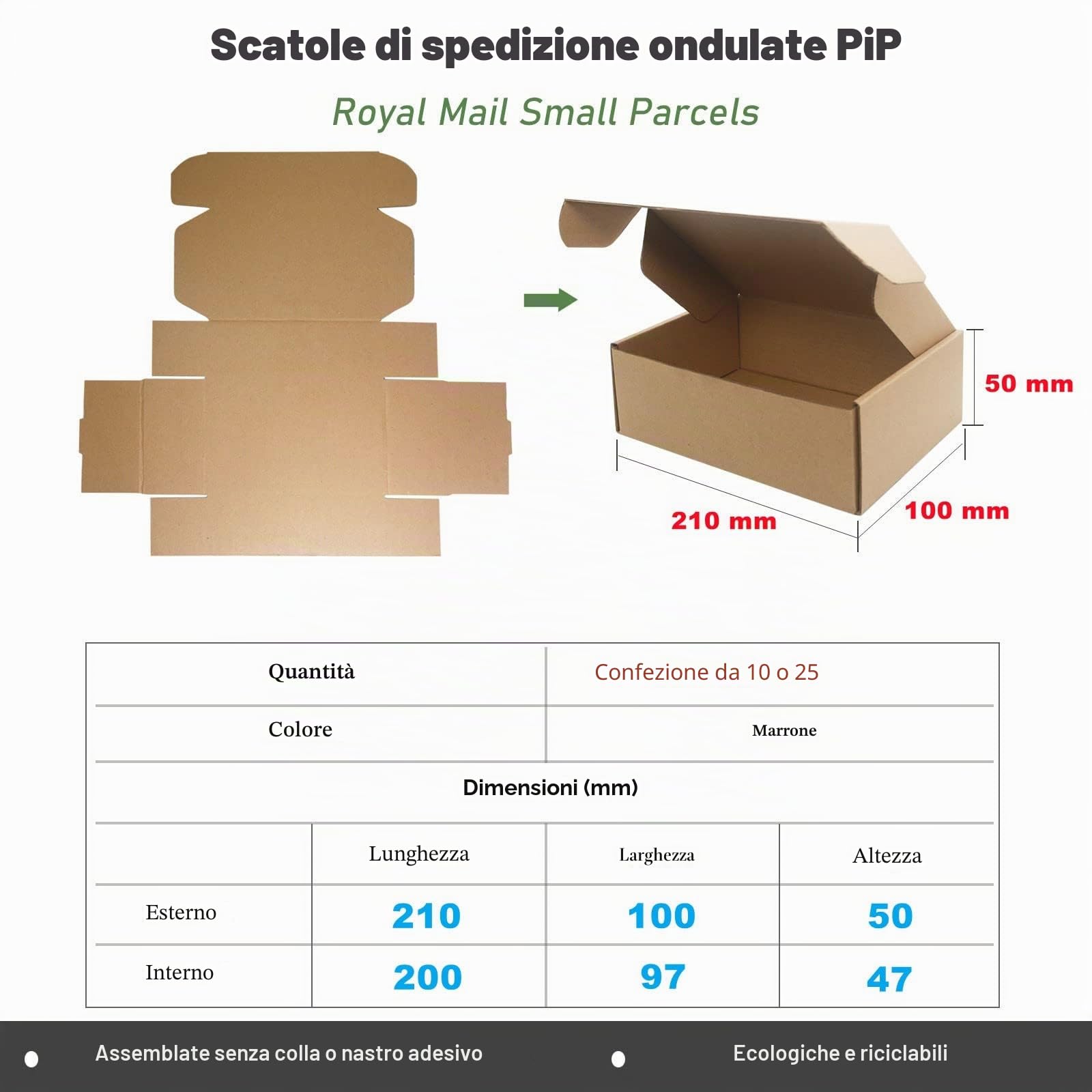 Scatole di spedizione in cartone ondulato, 210 x 100 x 50 mm grandi scatole postali per la spedizione, scatole di imballaggio marrone per affari, stoccaggio o regalo (25 pezzi)