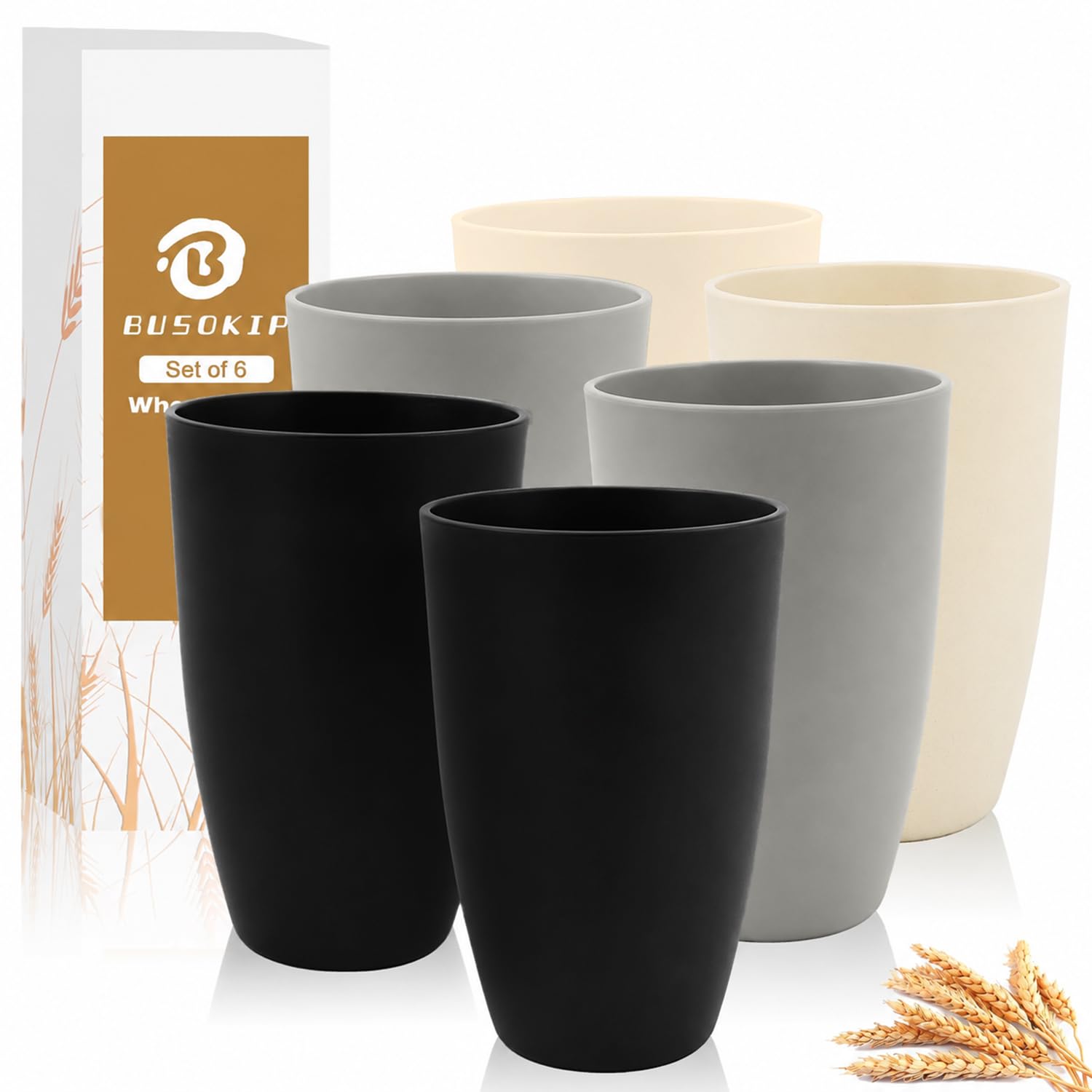 Wheat Straw Cups Set of 6, 20oz Plastic Tumblers - Blackbeige