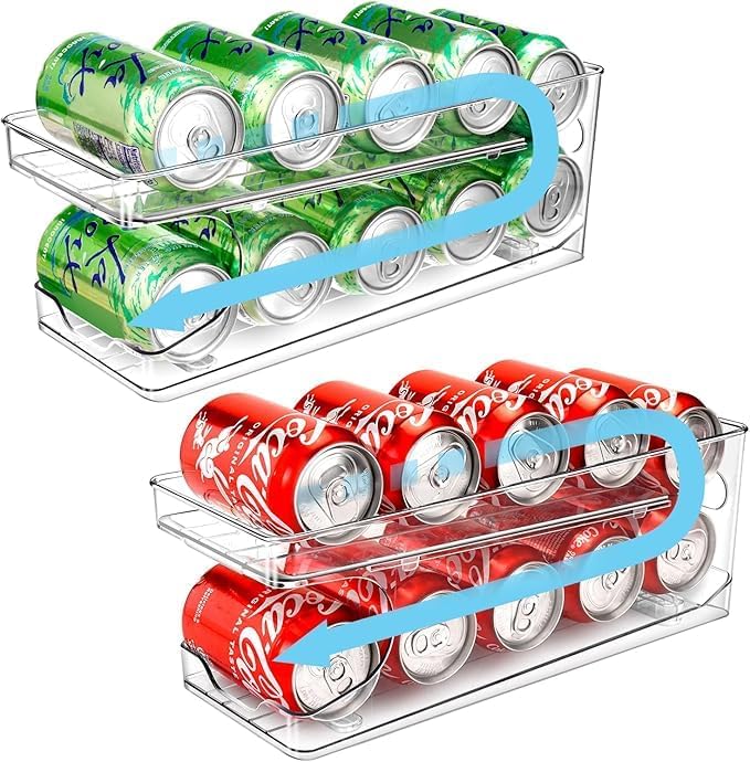 2 Pack Rolling Soda Can Organizer for Refrigerator Can Dispenser for Fridge Beer Soda Seltzer Pop Can Soda Organizer for Fridge 10 Standard Size 11.15oz 12oz 330ML 355ML Cans Holder Storage