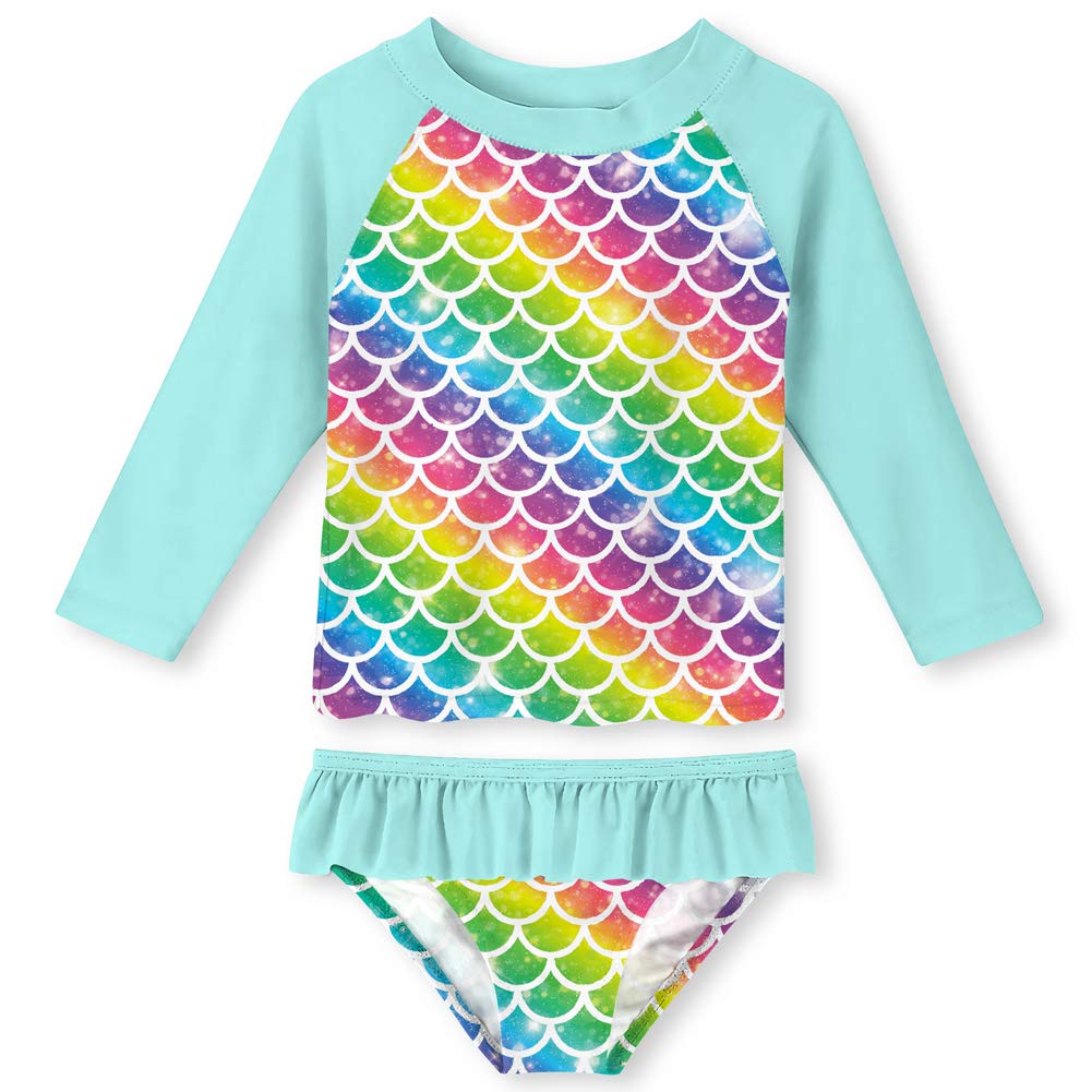 UNIFACOGirls Bathing Suit Two Piece Mermaid Printed Long Sleeve Swimsuit Rashguard UPF 50+ UV Green