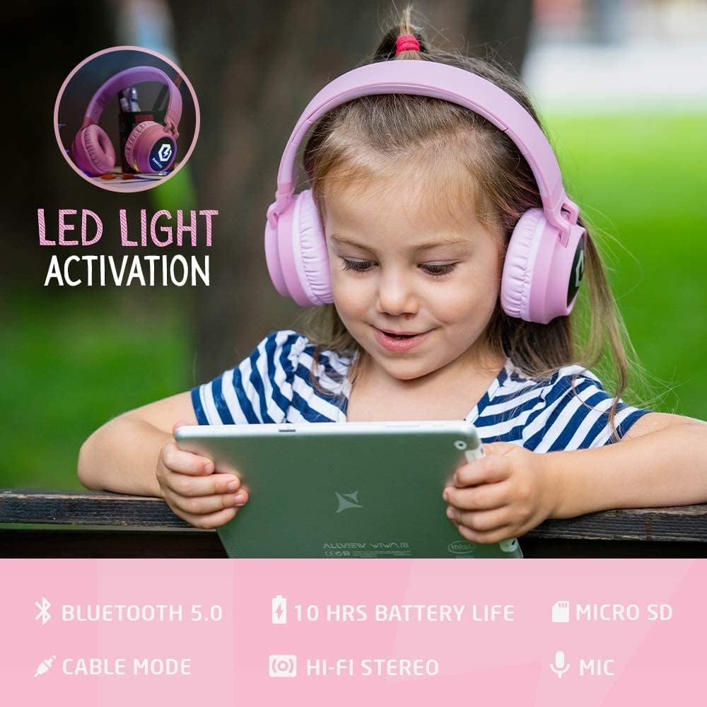 PowerLocus Kids Headphones Wireless, Bluetooth Headphones for Kids Over Ear, LED Lights, 85dB Safe Volume Limit, Foldable, Micro SD Mode, Built-in and Line-in Microphone for Phones,Tablets,Laptop