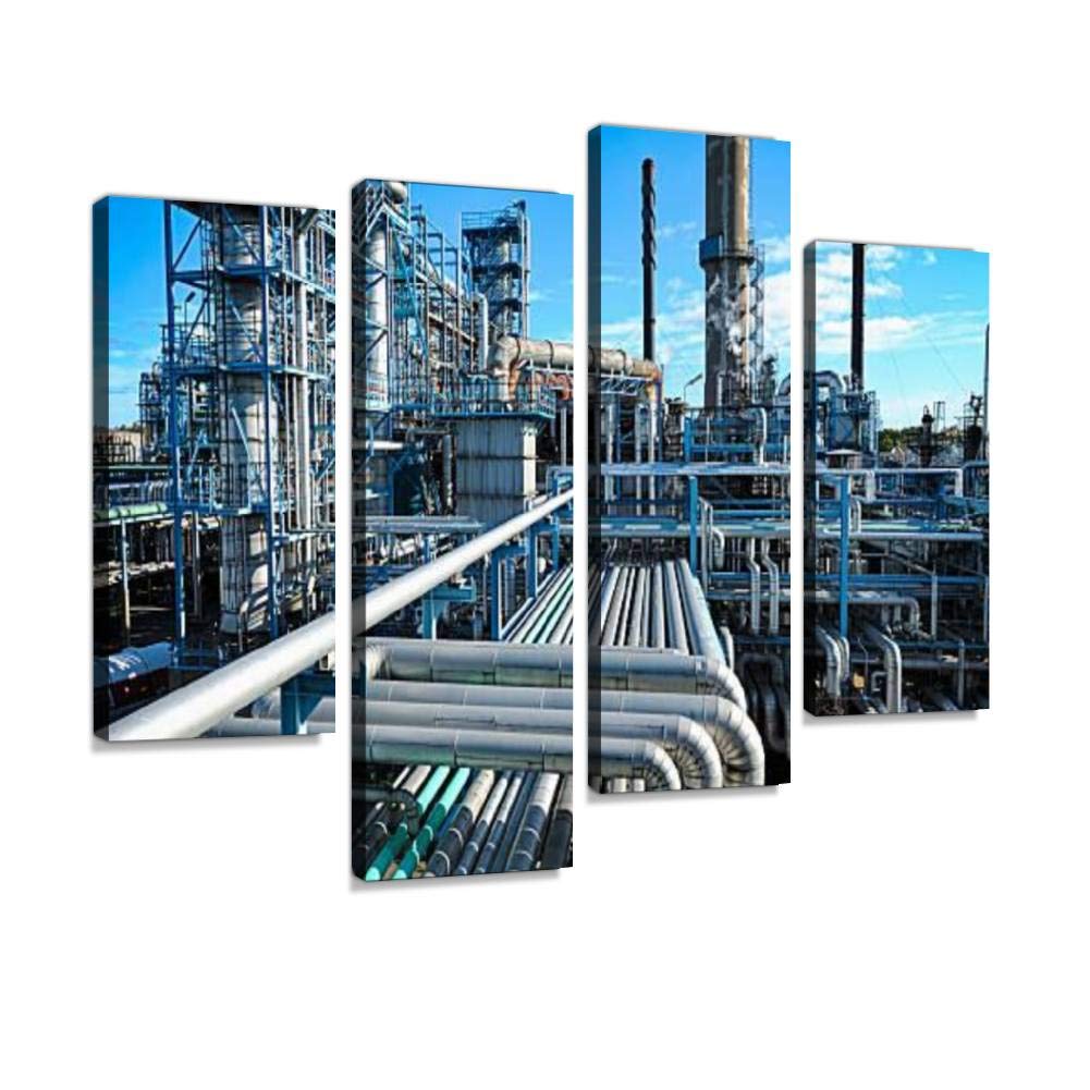 4 Panels Canvas paintings - oil, gas and fuel refinery oil industrys and pictures - Wall Art modern Posters Framed Ready to Hang for Home Wall Decor