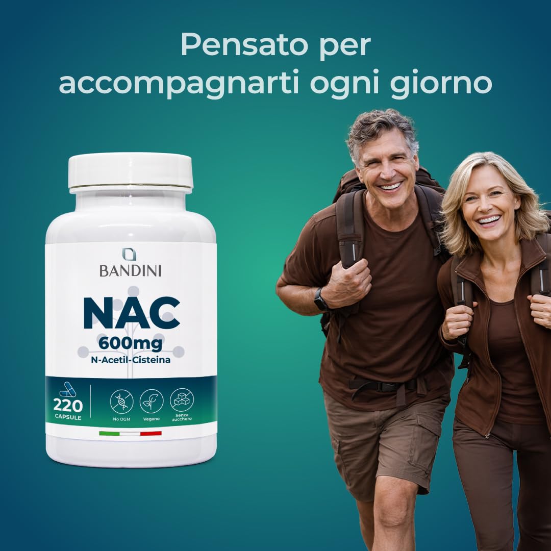 Bandini® NAC N-Acetil-Cisteina 220 Capsule 600mg (+7 Mesi),Precursore del Glutatione, Acetilcisteina 600mg, 1 Capsula al Giorno, Alto Dosaggio di N-Acetilcisteina Aumentata, Integratore 100% Vegano