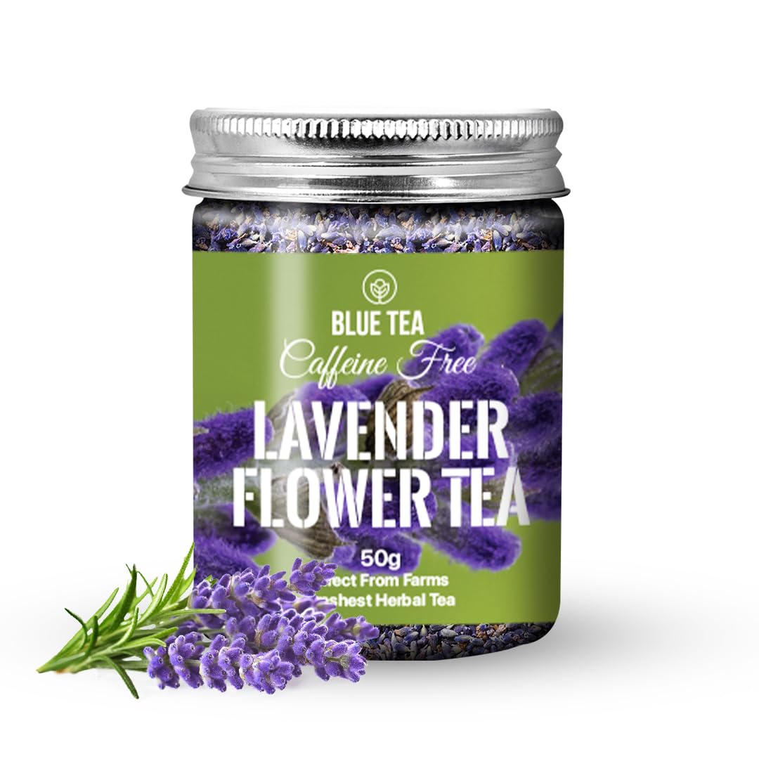 BLUE TEA - Lavender Flower Tea - 50 gm - 50 Cups | Calm & Relaxation | Hebal Tea - Flower Based - Non-GMO - Caffeine Free - Non Bitter | Featured In Shark Tank | Pet Jar Pack