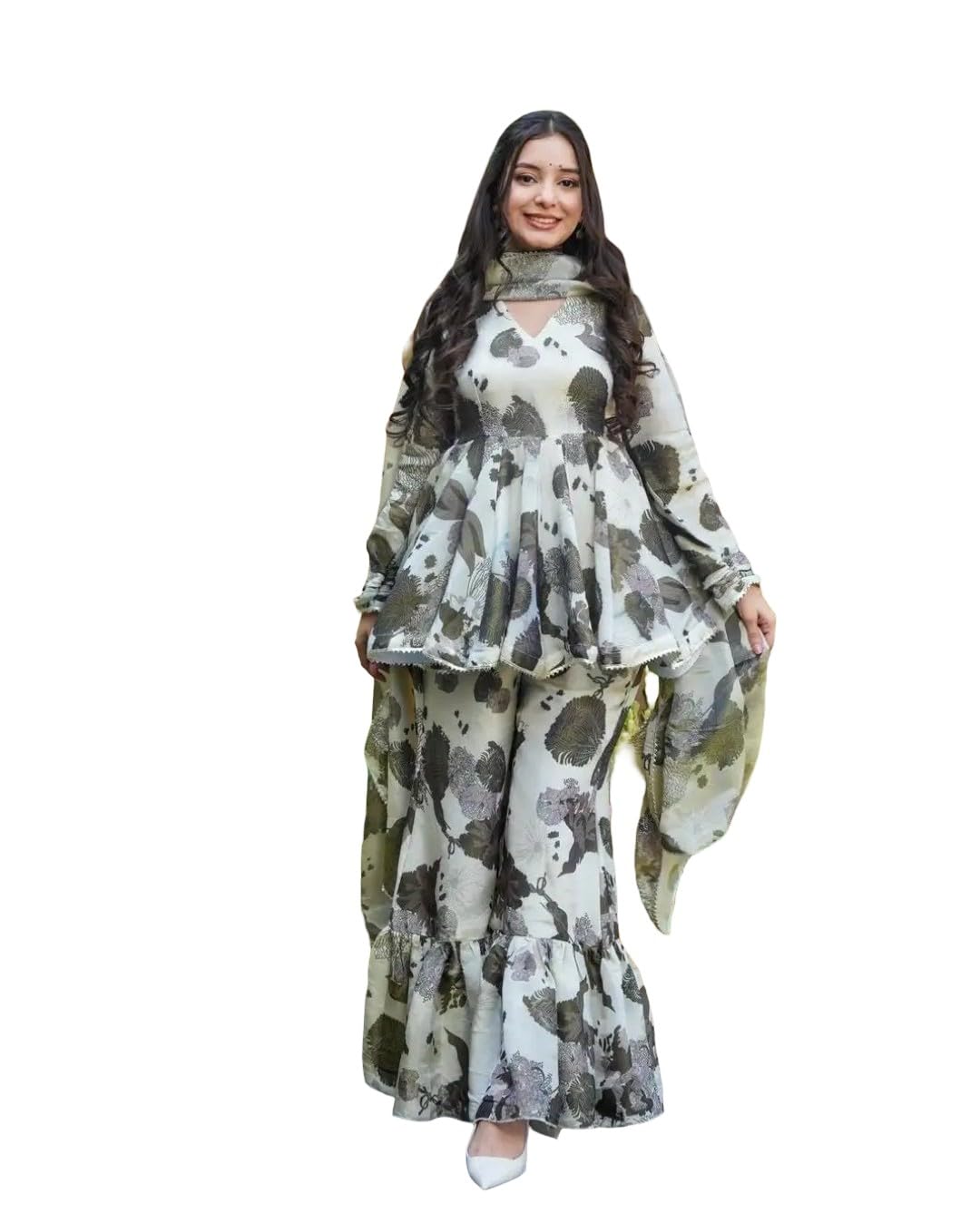 Floral Peplum Sharara Set (IN, Alpha, XL, Regular, Green)