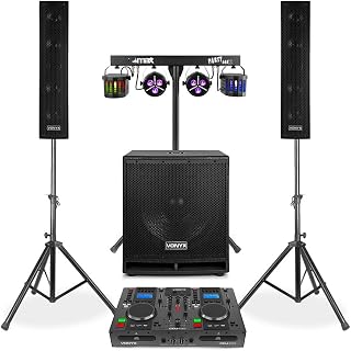 Vonyx VX880 2.1 Active Mobile DJ PA System Speaker Set with Twin CD Mixer Player, Stands, Microphone and Stage Lighting System Plays Bluetooth CD USB MP3