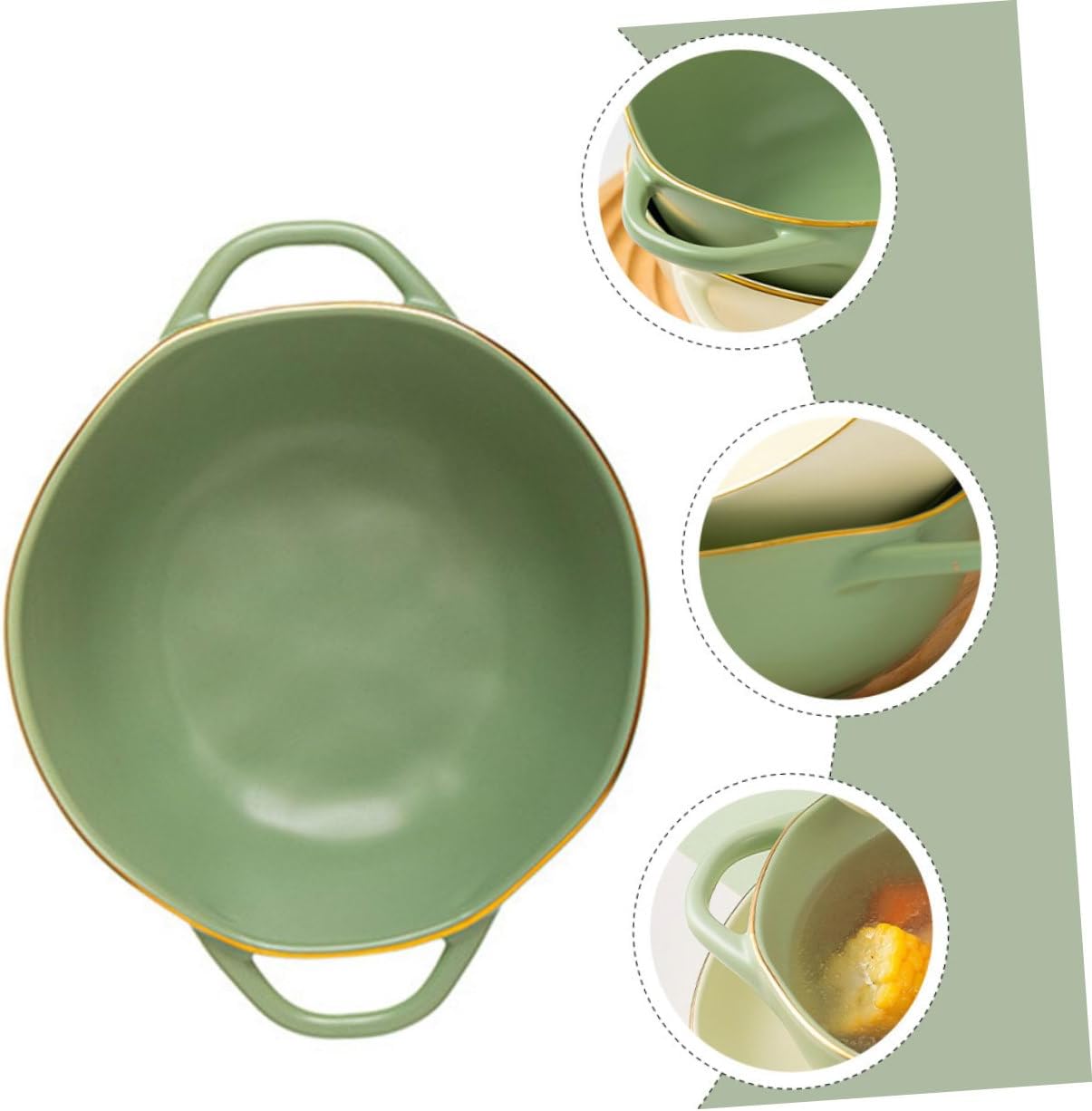 Double Handle Ceramic Baking Bowl, Matcha Green Soup and Salad Serving Dish, Oven-safe Porcelain Rice and Soup Bowl for Home Dining and Entertaining