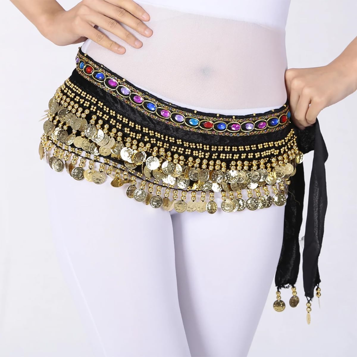 Belly Dance Hip Scarf, Black Chiffon with Coins and Beads, Adjustable Waist Wrap for Dance Practice Performance