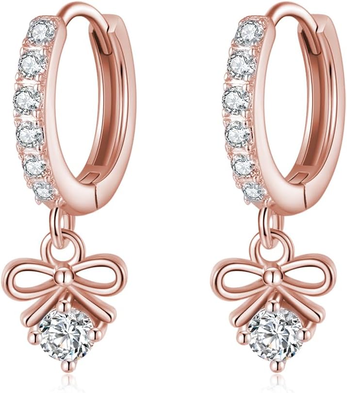 SLUYNZ Sterling Silver CZ Bowknot Hoop Earrings for Women Teens Small Bow Hoop Earrings Huggie Drop