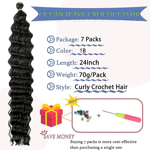 Miniatura 3 de Nuteram Pelo de ganchillo de onda profunda de 24 pulgadas, cabello de ganchillo de onda oceánica, 7 paquetes de cabello sintético rizado para