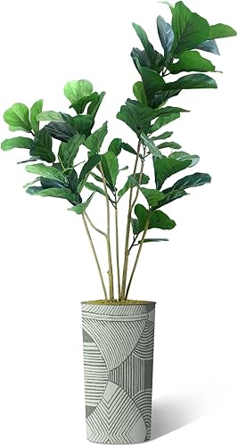 Miniatura 2 de Árbol artificial en macetero con patrón geométrico, ficus lyrata falso árbol de seda para decoración del hogar en interiores y exteriores, altura