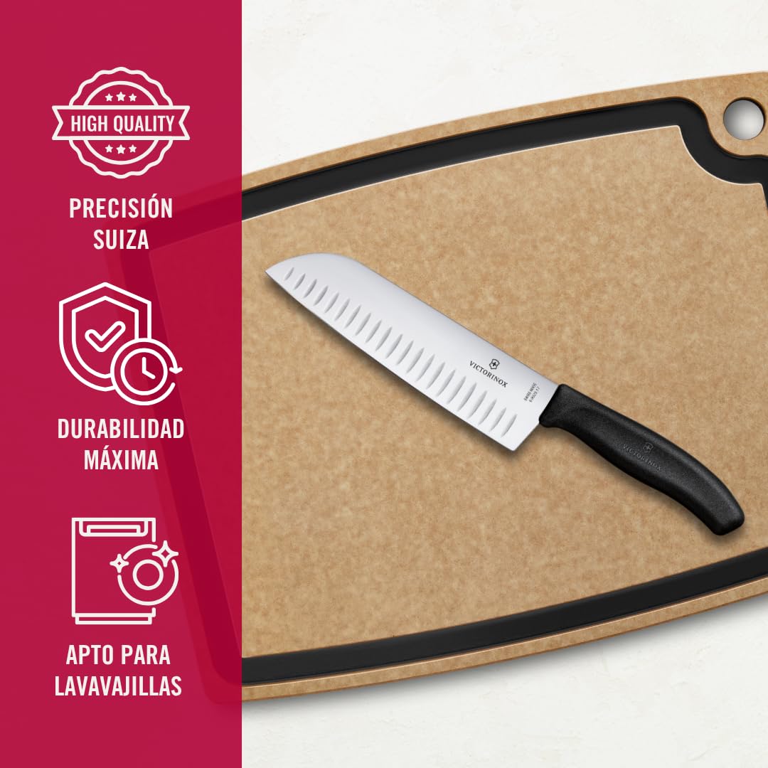 Victorinox Swiss Classic Cuchillo de cocina/Santoku, con hoja de 17 cm y filo alveolado, fabricado en acero inoxidable y de color negro