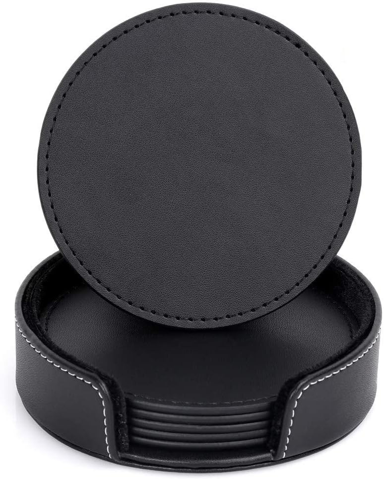 PU Black Leather Coasters, Kmeivol Coasters Set of 6 with Holder, Coasters for Drinks, Coffee Coaster Protect Furniture from Water Marks Scratch and Damage