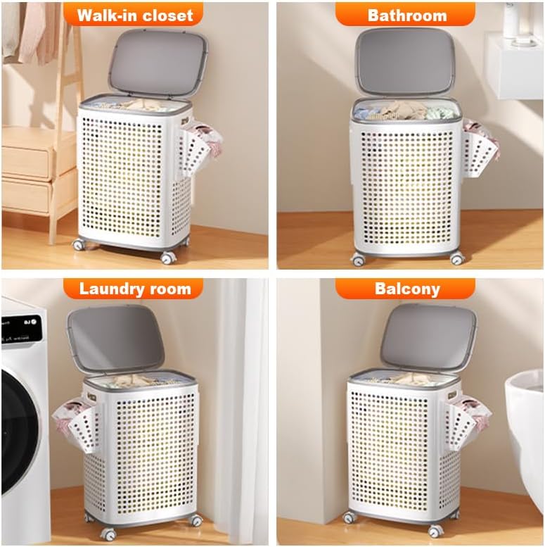 IMHO Large Capacity Laundry Basket with Removable Lid and Liner - Sturdy and durable wheeled laundry basket, space-saving, suitable for bedrooms, bathrooms, dormitories, and laundry rooms.