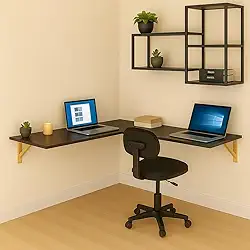 Mesa em L Suspensa para Computador e Notebook - Estilo Industrial com Prateleira e Mão Francesa de Madeira Maciça, Ideal para Home Office e Gamer(PRETO)