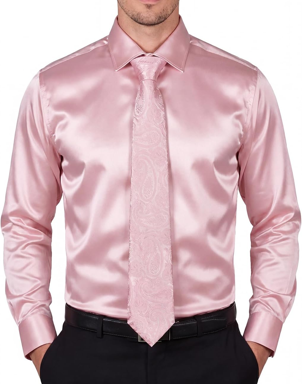 YourTies Satin Silk Shirt and Tie Set for Men Button Down Shirts Long Sleeve Pocket Square Cufflinks Tie Clip Party Luxury