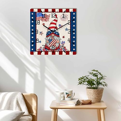 Miniatura 2 de Debedcor 4th of July Gnomes Wooden Wall Clock Silent Non Ticking, American Flag Star Independence Day Square Wall Clock Battery Operated, Decor
