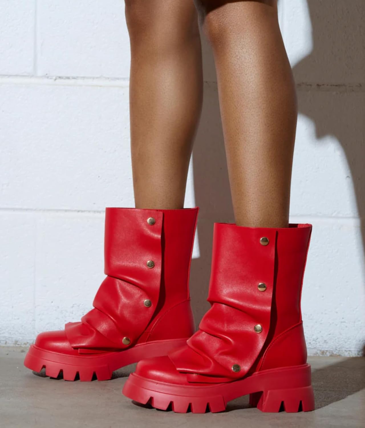 Atuelang Women's Slouchy Fold Over Boots Platform Wide Calf Shark Boots Pull On Fashion Short Booties