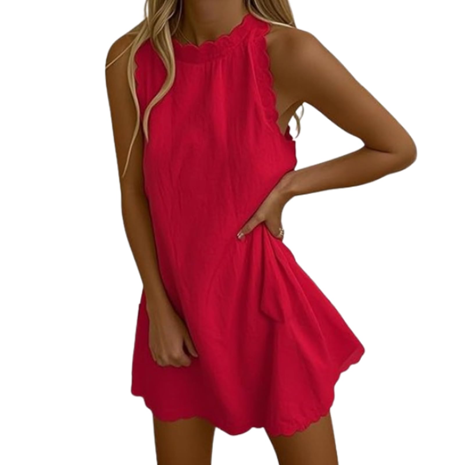 Vestido Playa Lino Elástico Escote V Festoneado Sin Mangas Cremallera Trasera