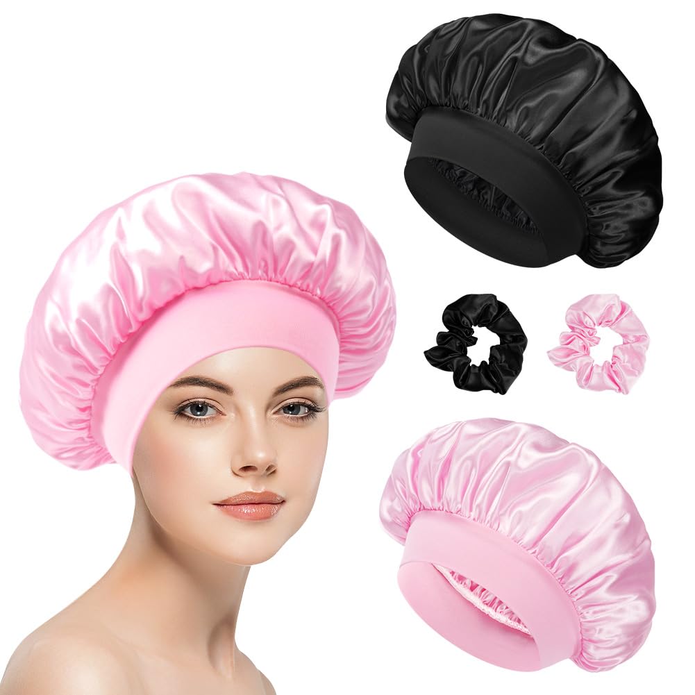 Flintronic 2 Pezzi Donna Berretto Da Notte Raso, Cuffia da Bagno Elastica per Donne, Cuffia Seta Capelli Ricci, Dormire in Raso Morbido e Confortevole