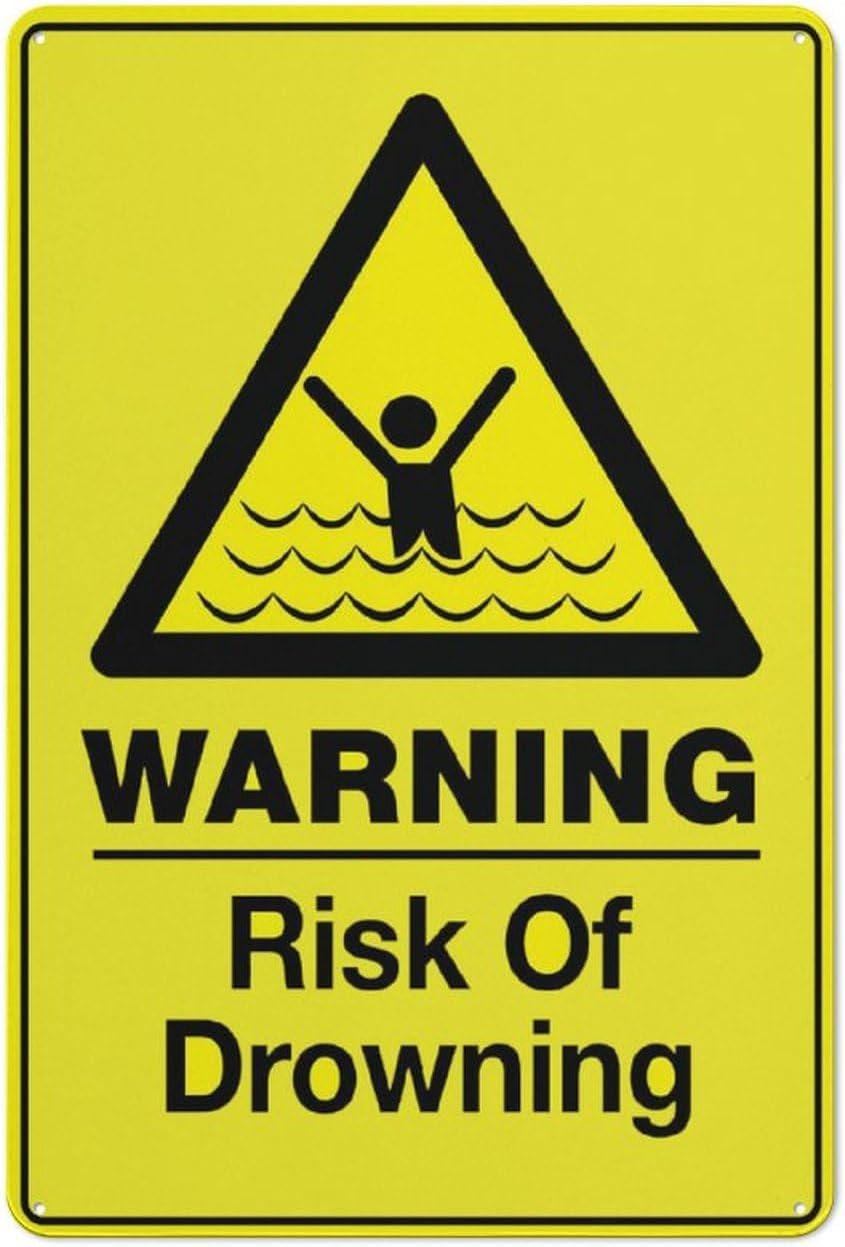 Warning Risk of Drowning Rust Free Aluminum Sign - Pre-Drilled Holes for Fence/Door Mounting in Home Pool, Lake Dock - 12x16 Inch​