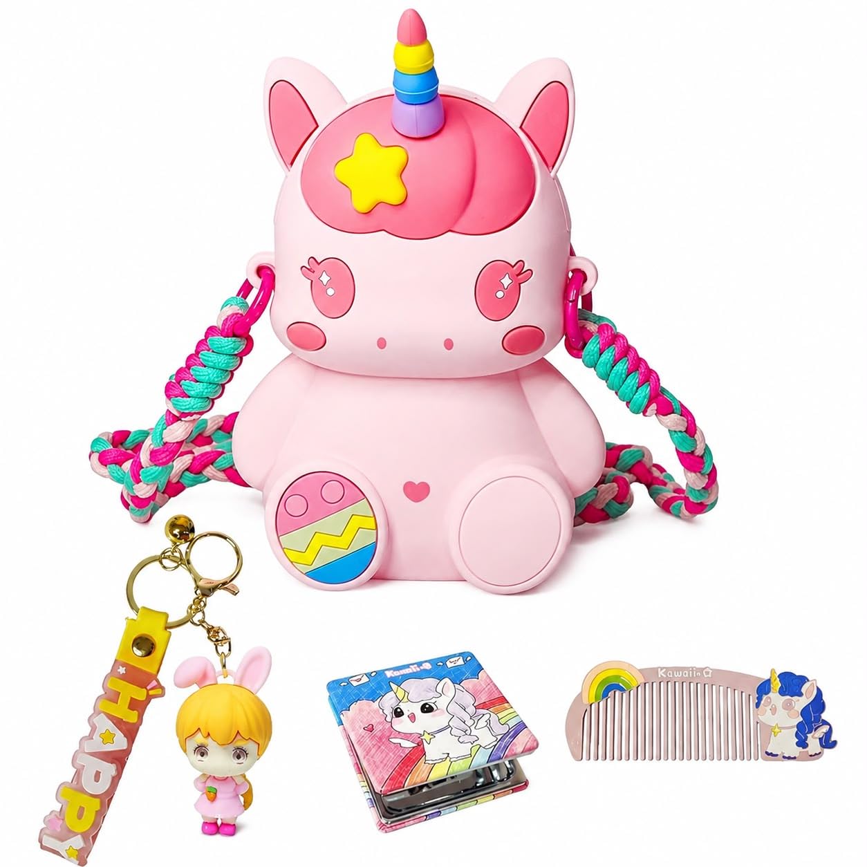 Cute Unicorn Kids Sling Bag Set for Girls, Mini Crossbody Shoulder Purse with Adjustable Strap, Unicorn Keychain, Mini Mirror & Comb, Lightweight Cartoon Travel Bag for Daily Use, Pink-image-9