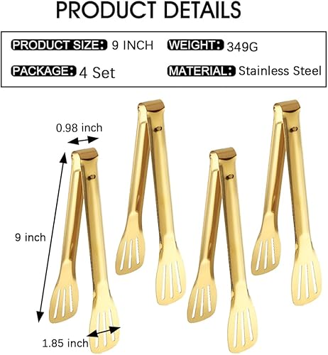 Miniatura 6 de IAXSEE 4 pinzas doradas de 9 pulgadas, de acero inoxidable, para ensaladas, bufé, aperitivos, postres, para fiestas de comida (9 pulgadas, 4 dorados)