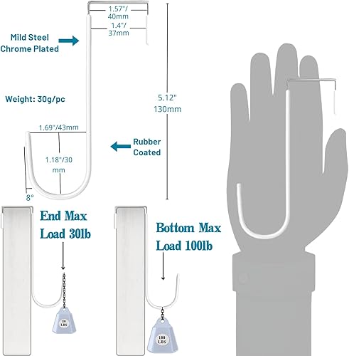 Miniatura 2 de Ganchos para colgar sobre la puerta, paquete de 8 ganchos de acero para puerta con revestimiento de goma, se ajustan a 0.7 a 1.4 pulgadas de ancho