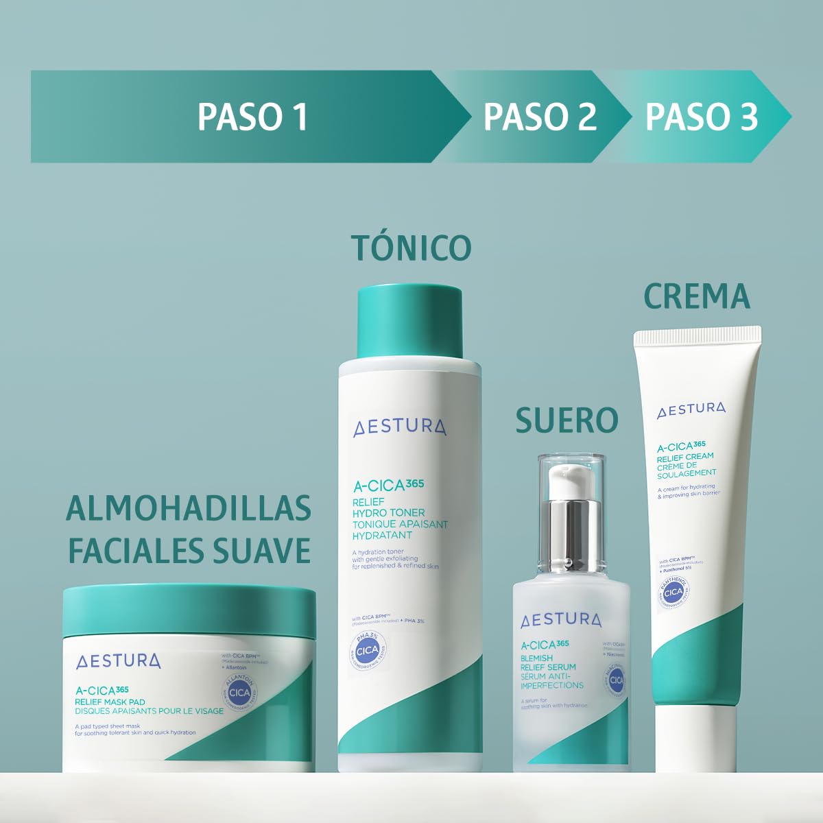 AESTURA A-CICA 365 ALMOHADILLAS FACIALES SUAVE CALMANTE 4X para un Alivio Rápido y Fácil para Piel Seca y Todos los Tipos, Fortalece la Barrera de Humedad, Testado Dermatológicamente, 60 Pads