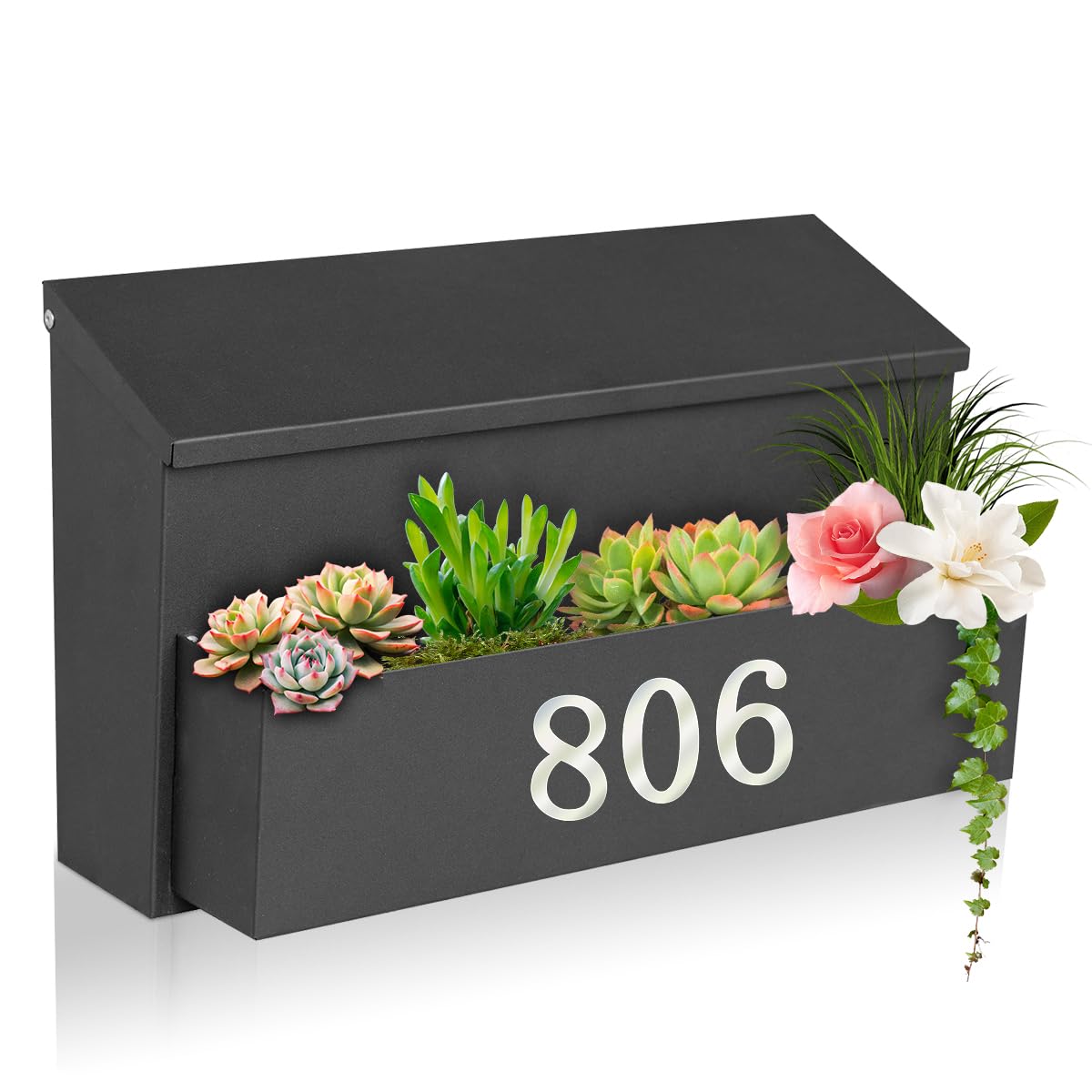 Wall Mount Mailbox, Large Capacity for House, Outside, with 3 Sets of 0-9 Number Stickers & Flower Planter, Galvanized Steel Rust-Proof Metal Post Drop Box, 15.74"×9.84"×6.41" Black