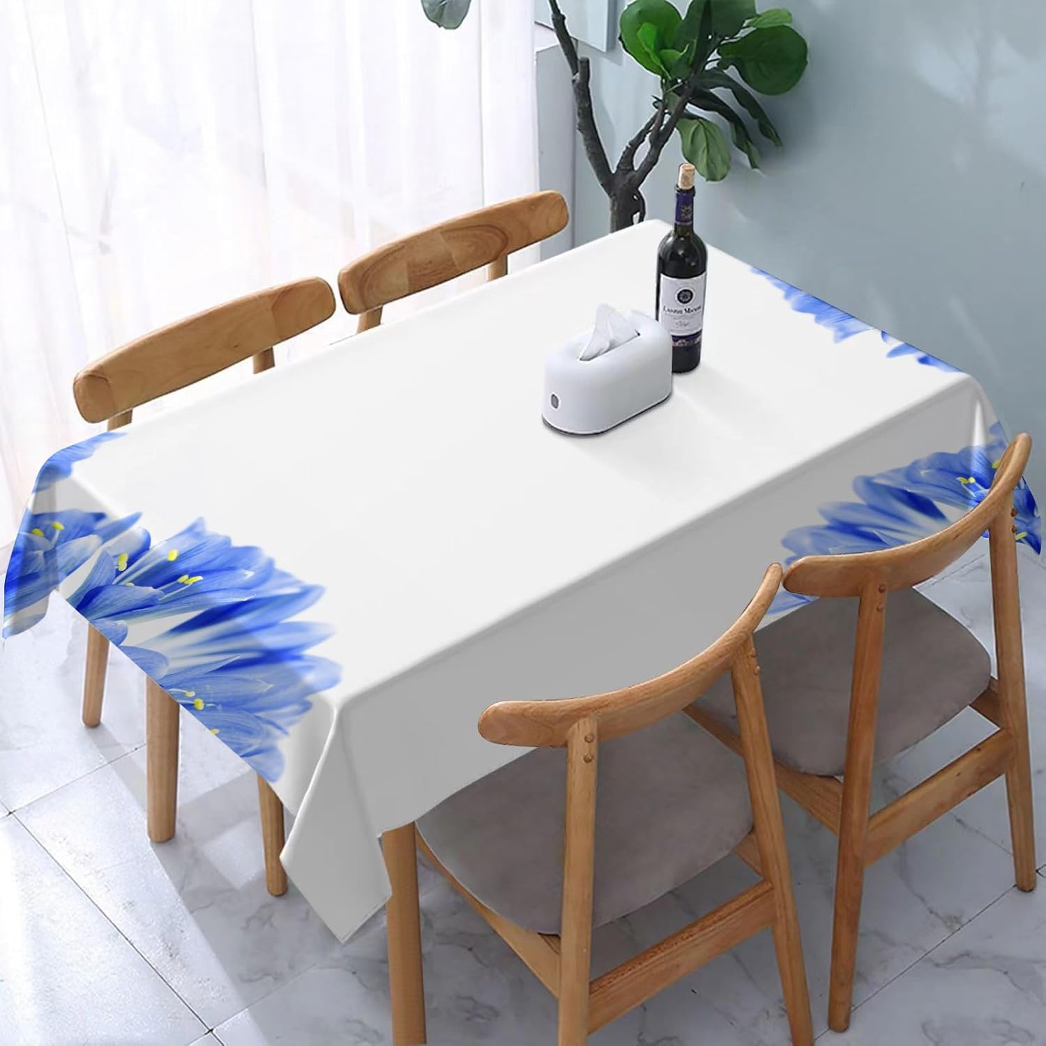 Mantel Mesa Rectangular Flores Azules, Manteles Antimanchas Blanco, 3D Impresión Mantel Impermeable Lavable para Cocina Salón Comedor, 140x300 cm Q.P1290