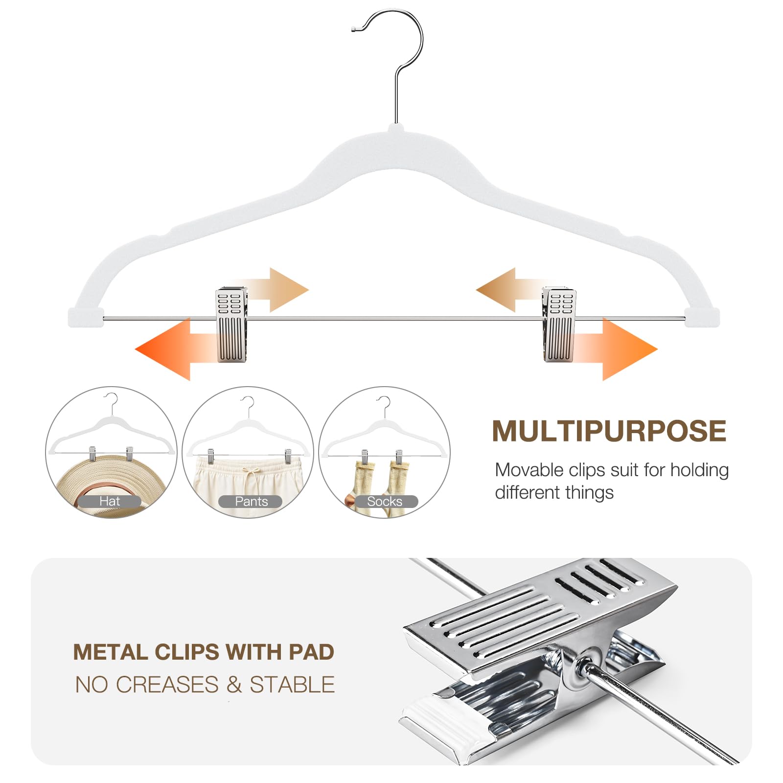 Korpai Kleiderbügel aus weißem Samt mit Clips, verstellbar, für Erwachsene, Kleiderbügel, strapazierfähig, Filz, rutschfest, platzsparend, für Hosen, Röcke, Anzüge, Mäntel, Kleider usw.