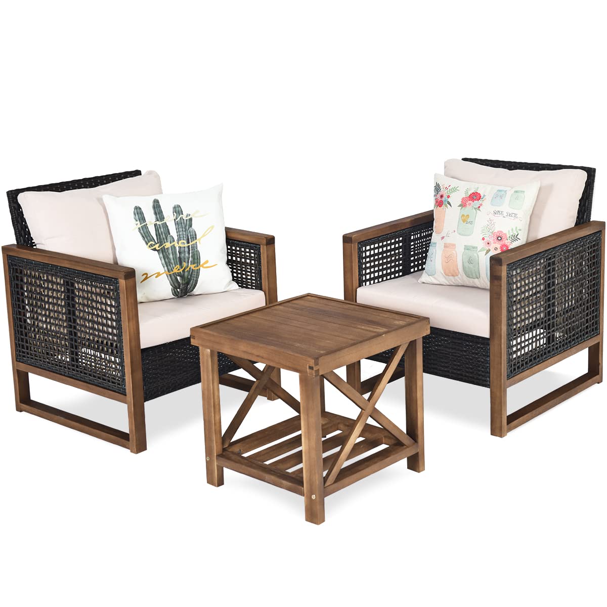 KOMFOTTEU Juego de Muebles de Ratán de Jardín de 3 Piezas, Conjunto de Muebles con Mesa de Café de Madera de Acacia y 2 Sillas de Ratán PE, Juego de Asientos con Cojines y Respaldo