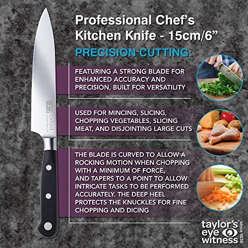 Taylors Eye Witness Oxford Medium Chef Knife - 15cm/6 Full Tang Blade, Taper Ground Stainless Steel. Traditional Triple Steel Rivet Comfort Handle. Razor Sharp.