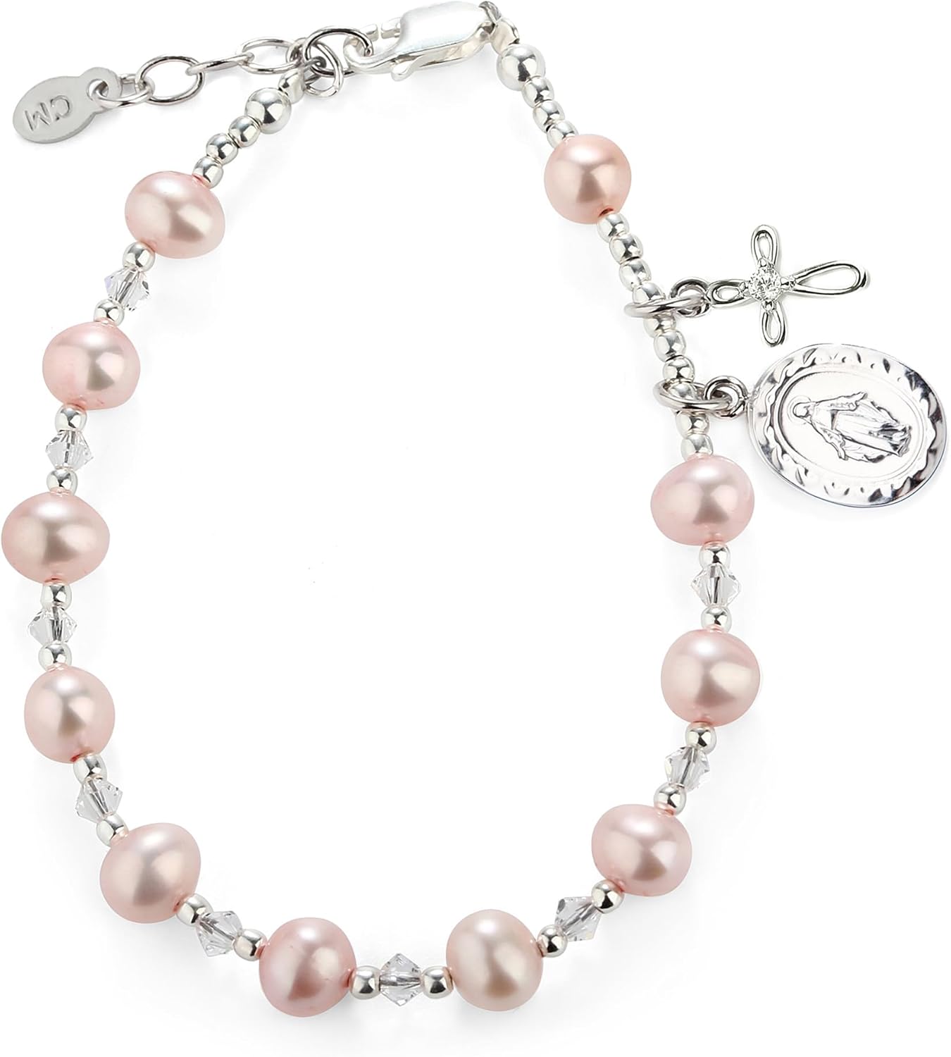 Precious Pieces Girl's Gold or 925 Sterling Silver First Communion Rosary Bracelet with Cultured Pearl and Miraculous Medal (6-6.5")
