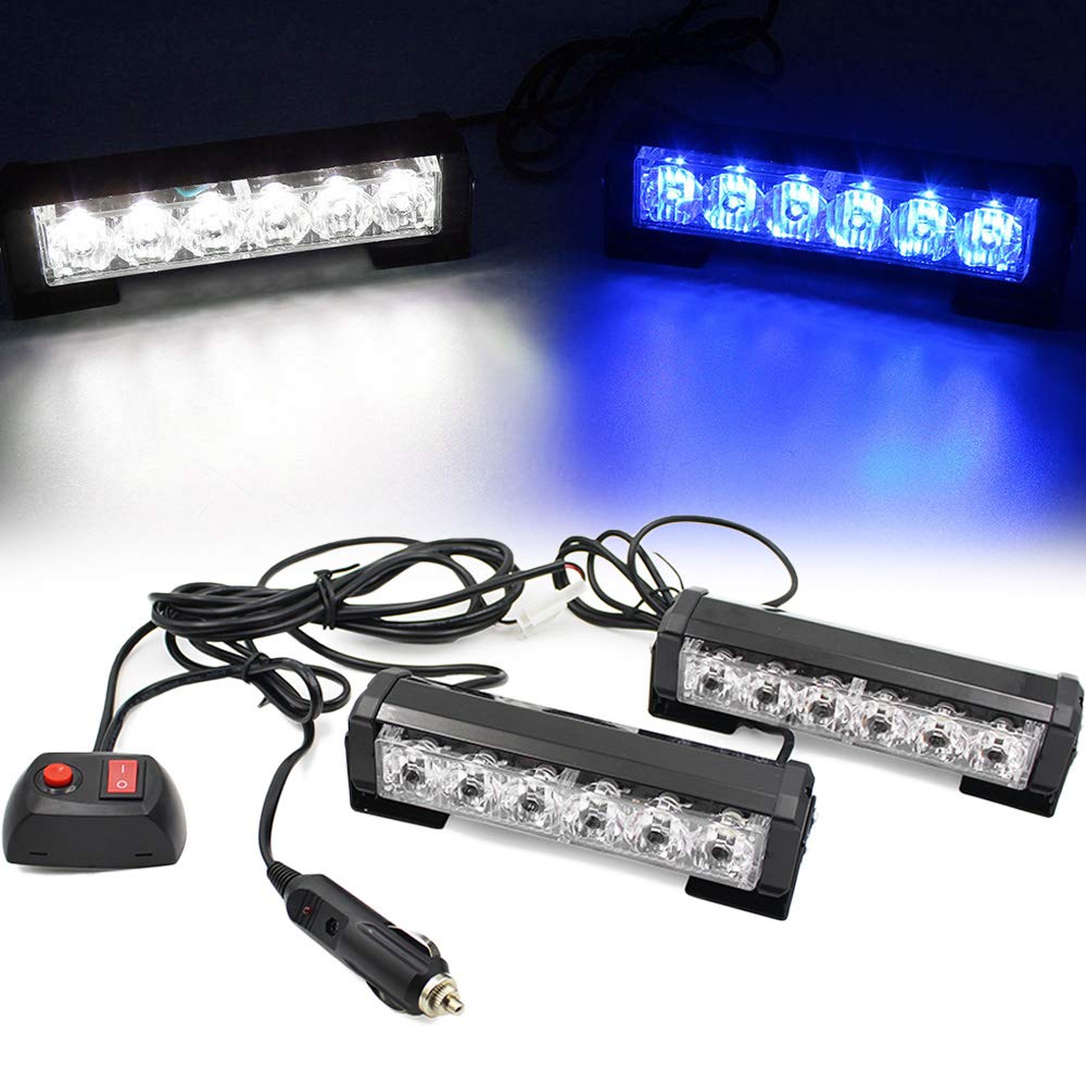 FOXCID 2 X 6 LED 9 Modes Traffic Advisor Emergency Warning Vehicle Strobe Lights for Interior Roof/Dash/Windshield/Grille/Deck Universal Waterproof (White/Blue)