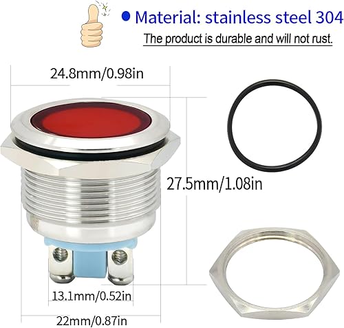 Miniatura 4 de Luz indicadora de 0.866 in, 0.87 pulgadas, impermeable, IP67, metal, lámpara de señal de acero inoxidable, 12 V24 V DCCA LED piloto salpicadero