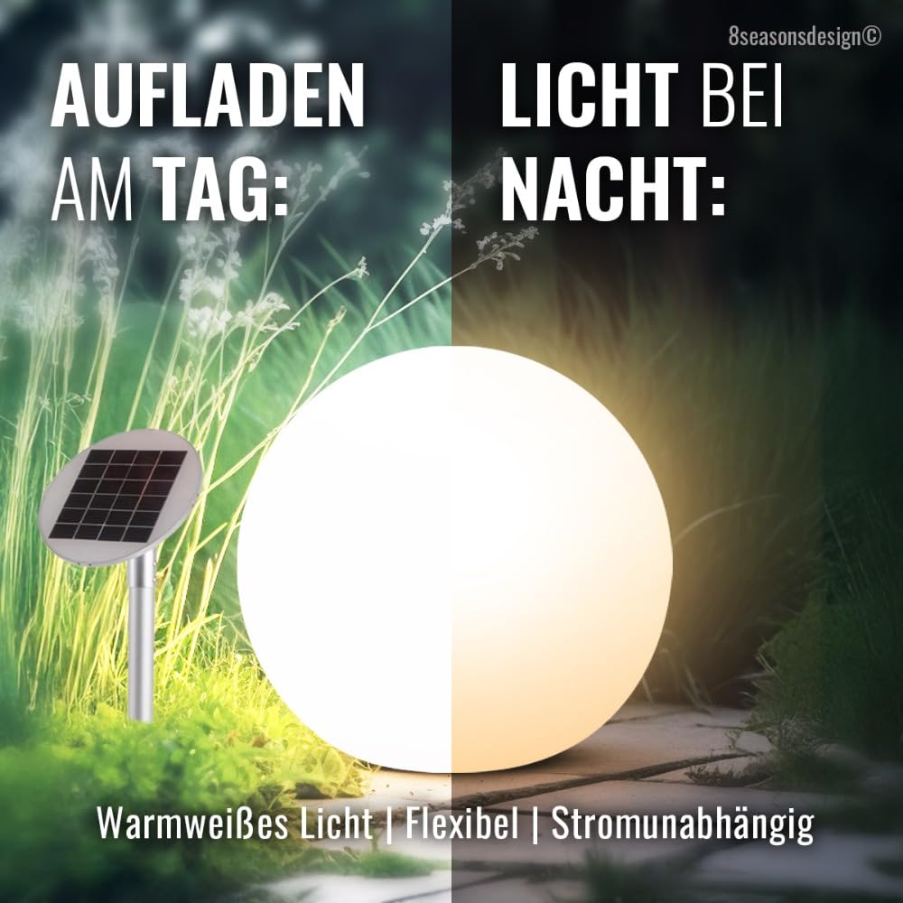 8 seasons design Solar Kugelleuchte 50 cm, Shining Globe (weiß) LED warmweiß, Dämmerungssensor – wetterfest – große Solarlampe für außen (Garten, Terrasse, Balkon) – robust & langlebig
