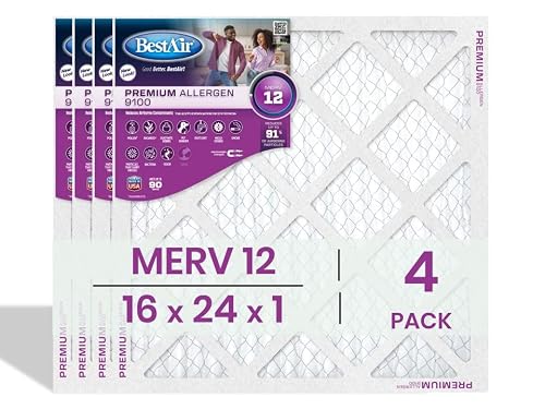 BestAir 16x24x1 Air Filter (4-Pack) | MERV 12 Premium Allergen 9100 HVAC AC Furnace Filter | Replacement Air Filter for Residential & Commercial Use | Made in USA | Actual Size (15.75 x 23.75 x 0.75)